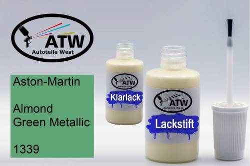 Aston-Martin, Almond Green Metallic, 1339: 20ml Lackstift + 20ml Klarlack - Set, von ATW Autoteile West.